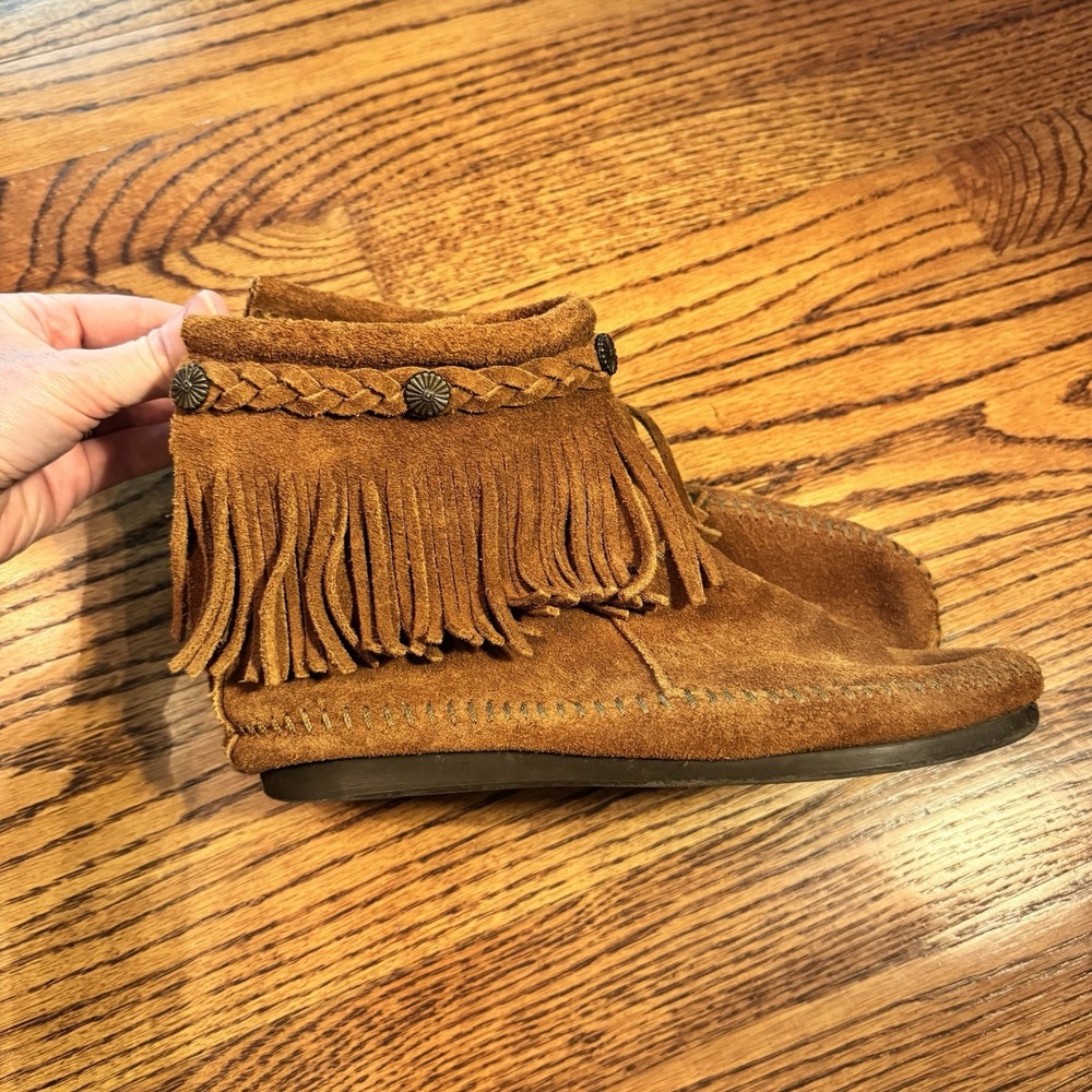 Minnetonka Back Zip Boot 292 Brown Suede Fringe Ankle Moccasins Womens 5.5